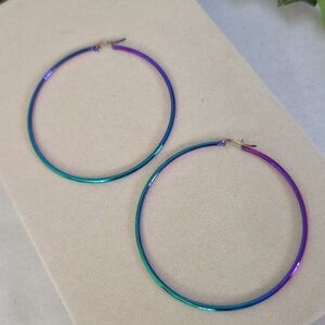 Large Stainless Steel Hoop Earrings Iridescent Rainbow